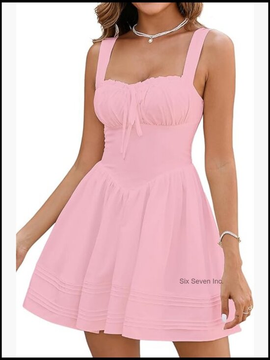 Dresses & Skirts - Polyester Elastane Square Neck Mini Sundress Corset A Line Backless